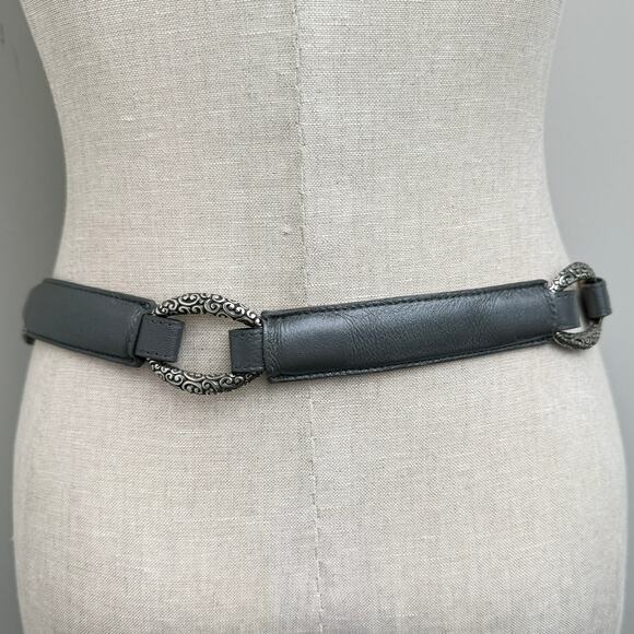 Brighton Pewter Gray Leather Belt Silver Tone Scroll Buckle Oval Concho 36 - Picture 4 of 12